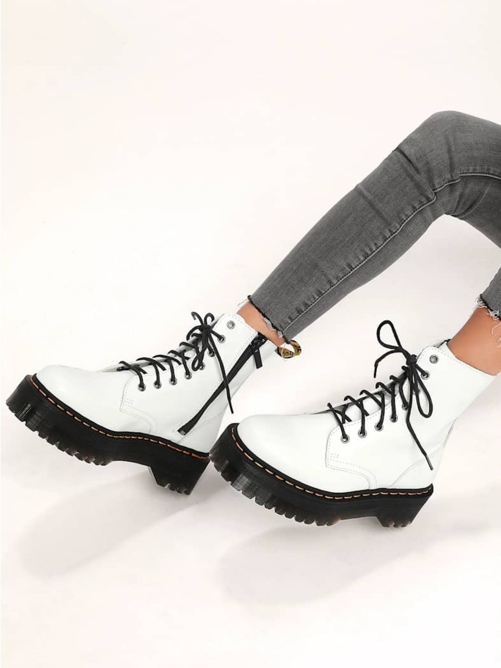 Doc Martens Jadon Boots Leather Platform Ankle Zip Lace Up Womens 9 White Chunky